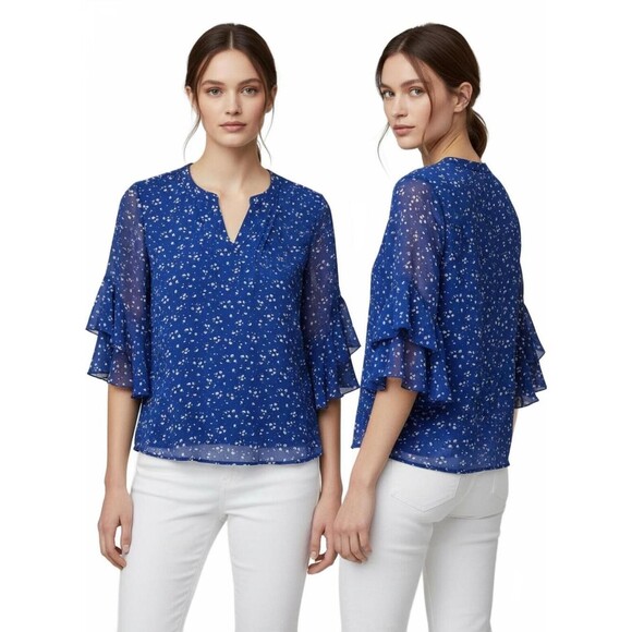 Unbranded Tops - Blue Floral Split-Neck Ruffle Sleeve Blouse